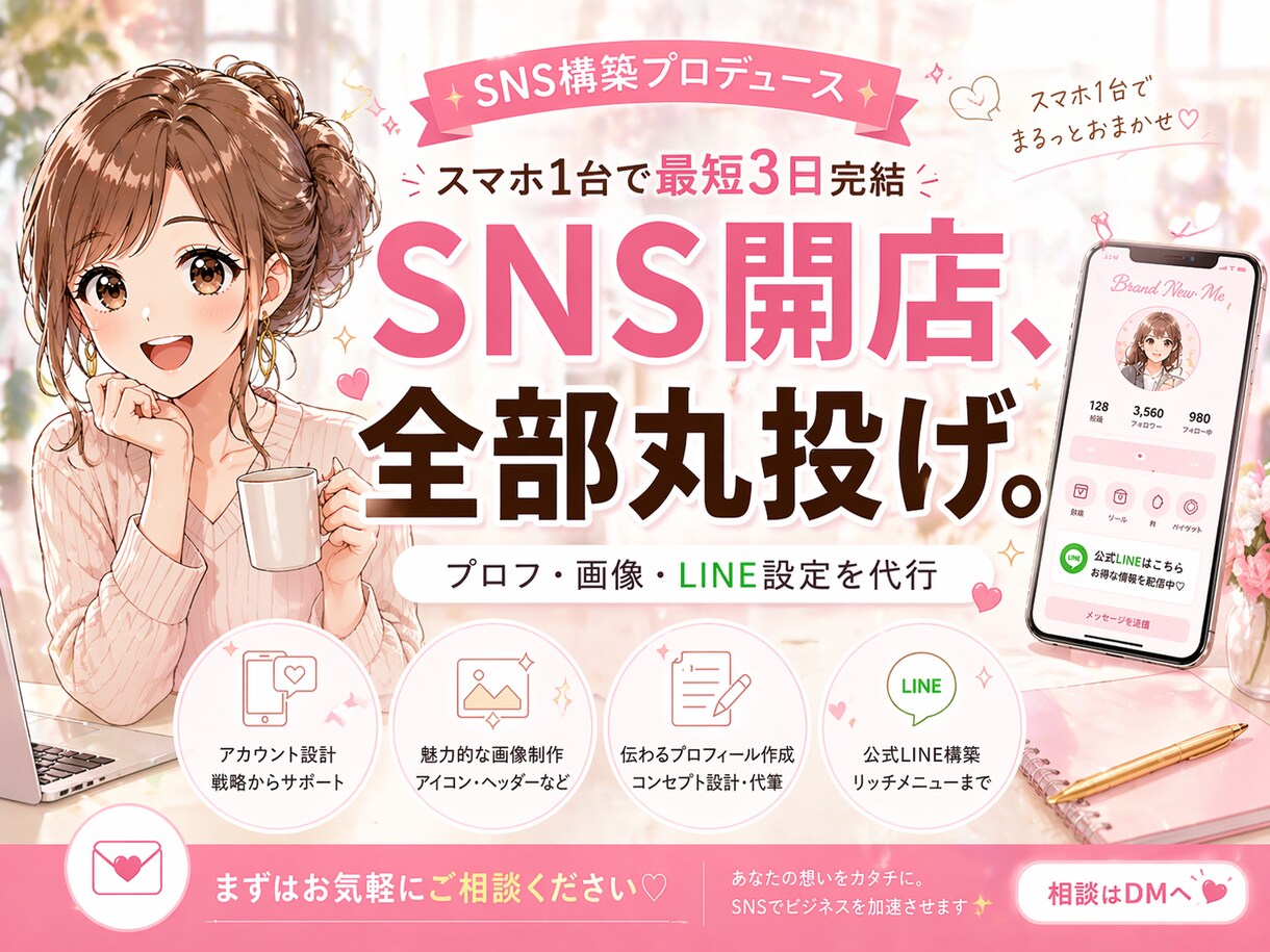 SNS開店丸投げパック画像プロフLINE設定します SNSの設定が面倒な方へ。AIでプロの見た目と導線を作り出し イメージ1