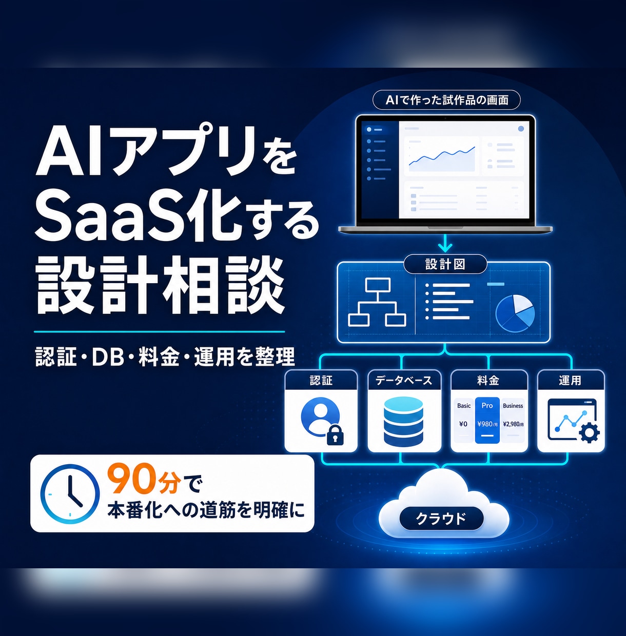 AIで作ったアプリをSaaS化する設計を整理します AIで作った試作品を、事業化させる設計を一緒に整理します。 イメージ1