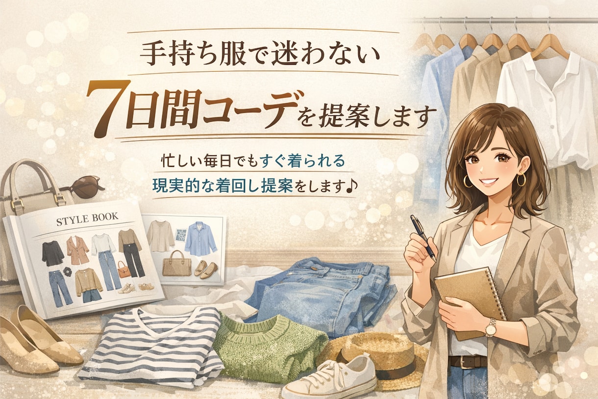 手持ち服で迷わない7日間コーデを提案します 忙しい毎日でもすぐ着られる現実的な着回し提案をします♪ イメージ1
