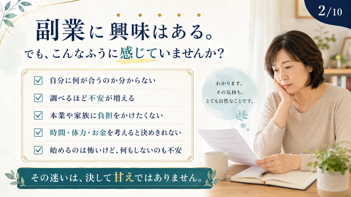情報疲れの頭を整理し、あなただけの判断軸を作ります 副業が気になる50代へ。やる・やらない・保留を整理します。 イメージ2