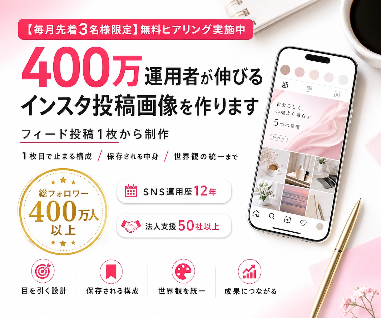 400万運用者が伸びるインスタ投稿画像を作ります 構成から作る1枚目｜キャプション込みで納品 イメージ1