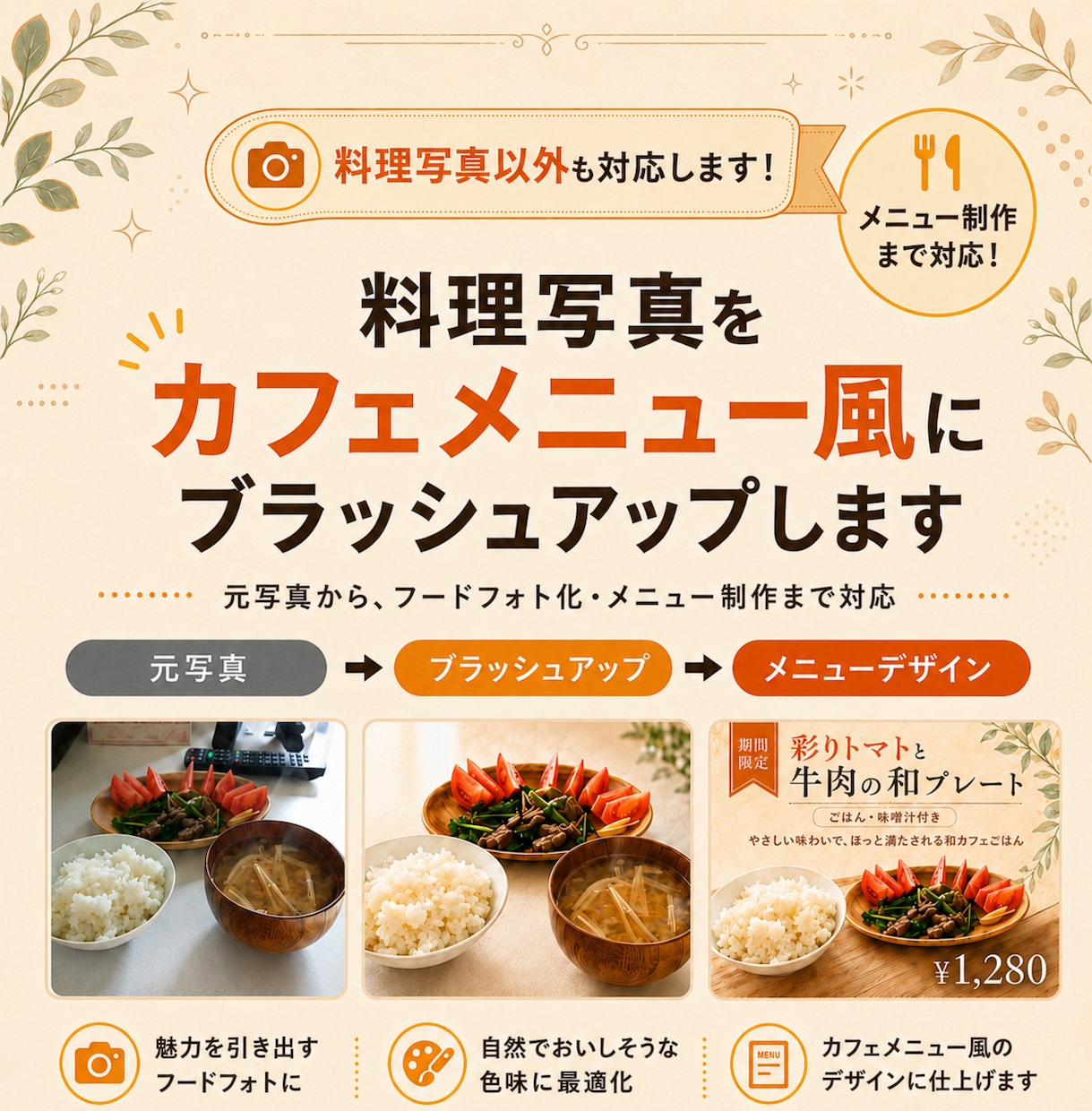 料理写真をカフェメニュー風に仕上げます 料理写真以外もＯＫ！写真補正から販促デザインまで対応します イメージ1