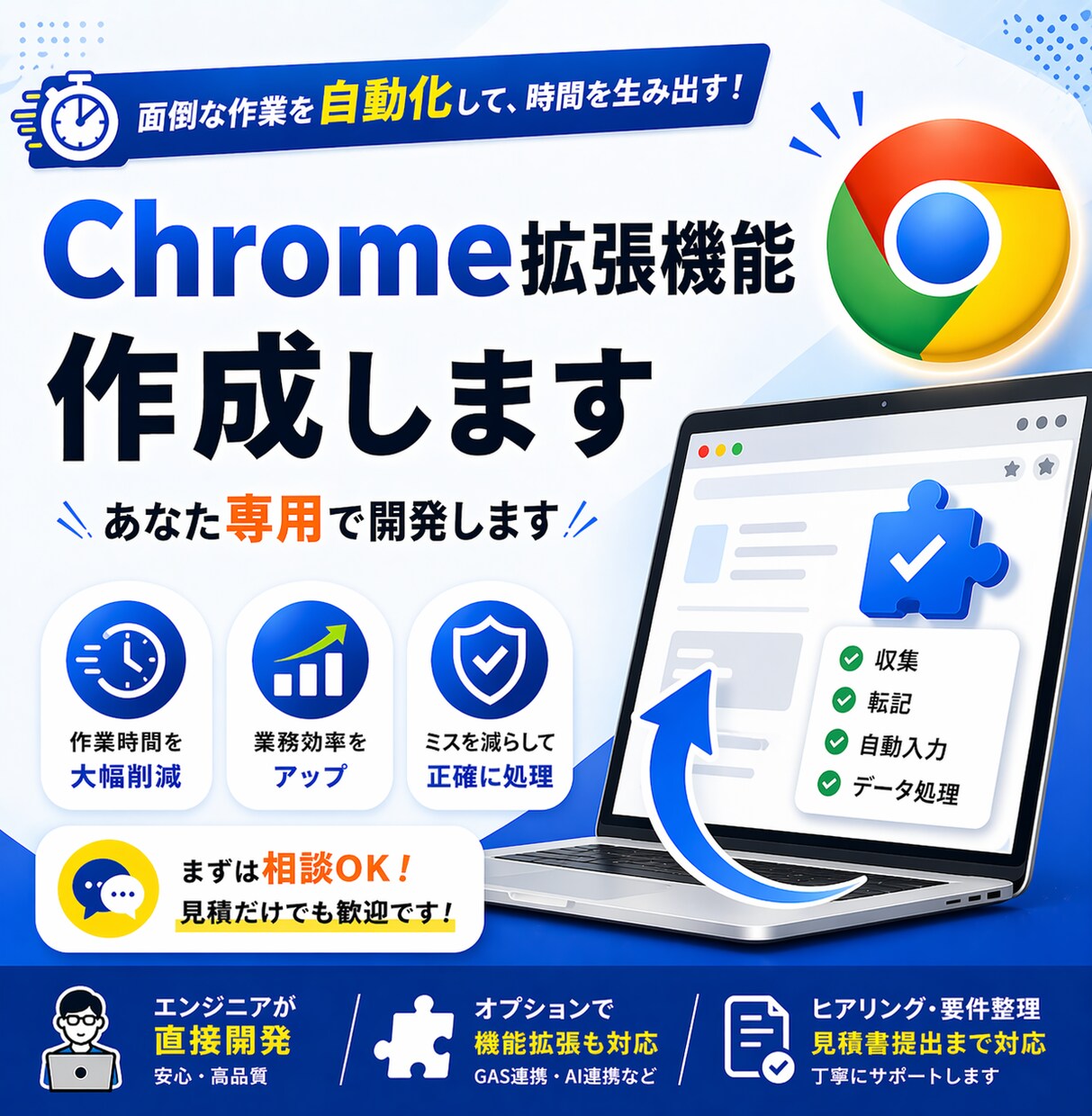 あなた専用Chrome拡張機能作成します 本来業務に注力！ブラウザ上での日々の作業を自動化/効率化。 イメージ1