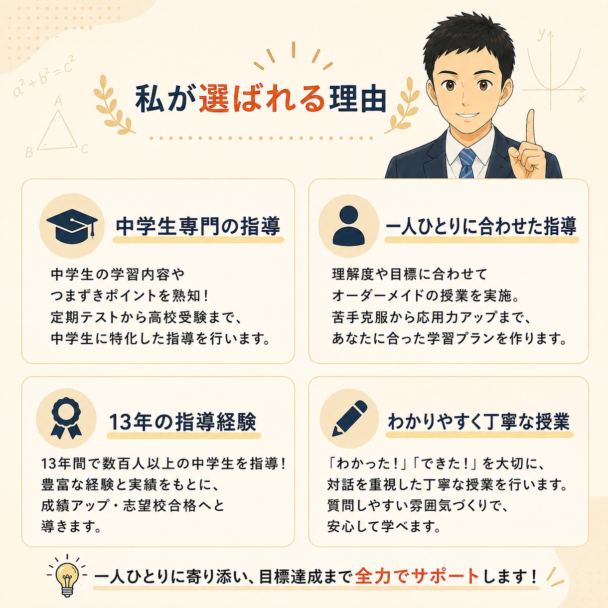 元中学数学教師のオンライン家庭教師でサポートします 教員歴13年｜数学嫌いな中学生も歓迎｜初回50分1,500円 イメージ3