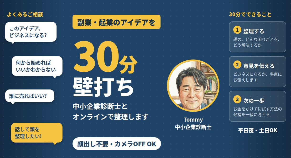 副業・起業のアイデアを30分で壁打ちします 現役会社員の中小企業診断士が、本音で一緒に整理します イメージ1
