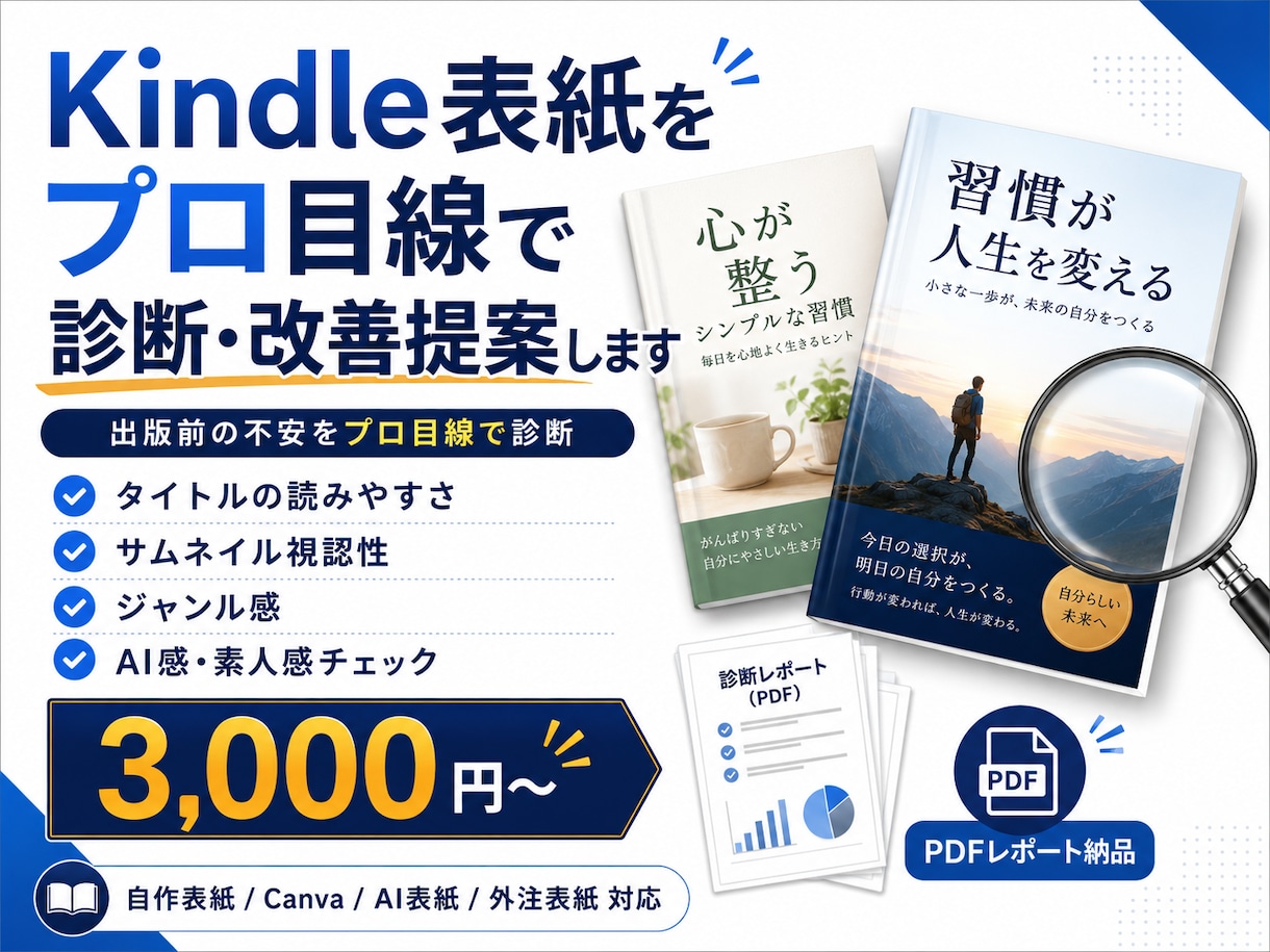 Kindle表紙をプロ目線で診断・改善提案します AI表紙・自作表紙の不安をプロ目線で丁寧に診断 イメージ1