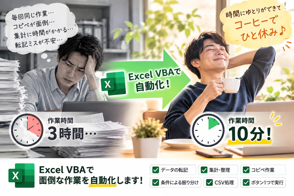 Excel VBAで面倒を自動化します コピペ・転記・などをボタン1つで効率化します！ イメージ1