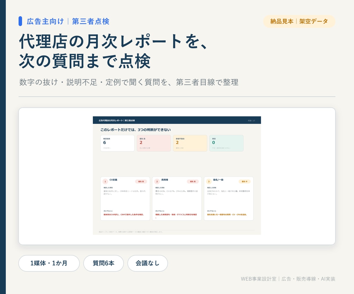 広告代理店の月次レポートを第三者目線で点検します 数字の抜けと次回定例で聞く質問6本を整理 イメージ1