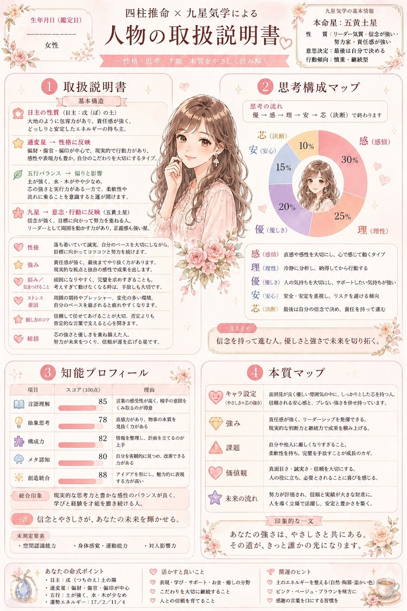四柱推命×九星であなたの取扱説明書作ります あなたの性格・思考・本質を“見える化”する鑑定書です。 イメージ2