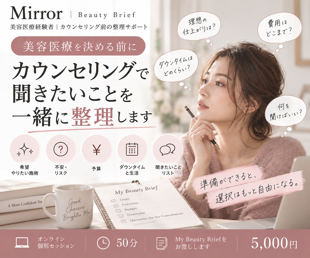 美容医療カウンセ前の不安を整理します 希望・不安・予算を整理して、納得できるカウンセリングへ イメージ1