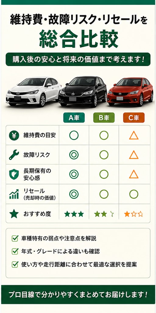 車の維持費・故障リスク・リセールを比較します 購入後の費用や弱点・将来価値までプロ目線で整理します イメージ2