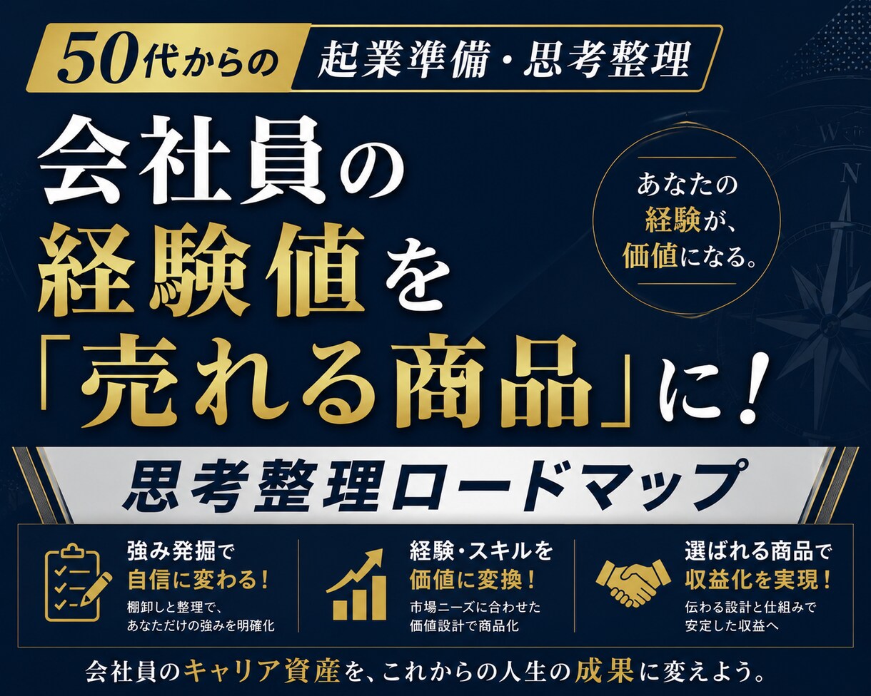 50代の経験を起業資産にします 60分通話でロジカル整理。明日からの行動ロードマップを作成 イメージ1