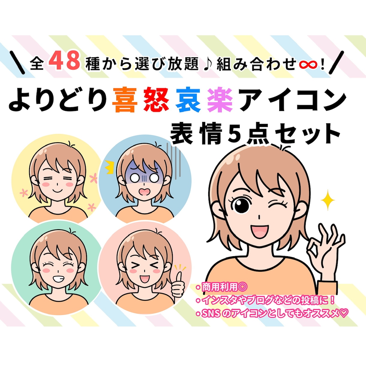 商用OK★喜怒哀楽表情5点 セット作成します SNSや吹き出しアイコンに♪バリエーション豊富で使い道多数！ イメージ1