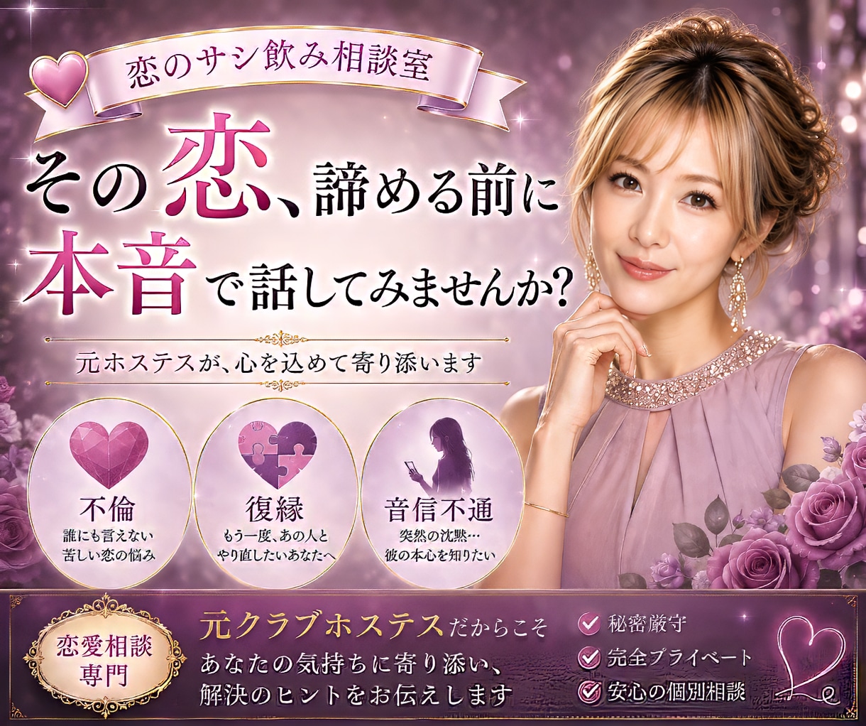 複雑愛・音信不通・復縁｜人に言えないお悩み聞きます 元ホステス・現恋愛占い師が「占いナシ」で心に寄り添う恋愛相談 イメージ1
