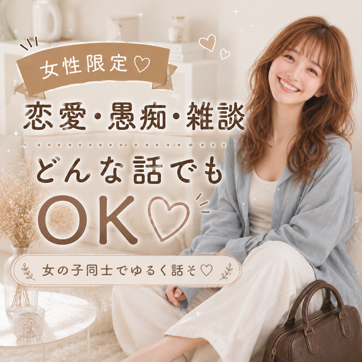 女性限定｜女性同士だからこそ話せる悩み、聞きます 恋愛 ・人間関係 ・ 不安 ・ モヤモヤ・雑談 イメージ1