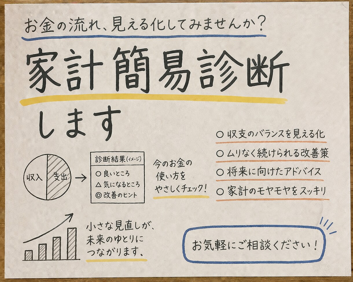 家計の不安を整理する簡易診断を行います 1級FPが現状を整理し、改善のヒントをお伝えします イメージ1