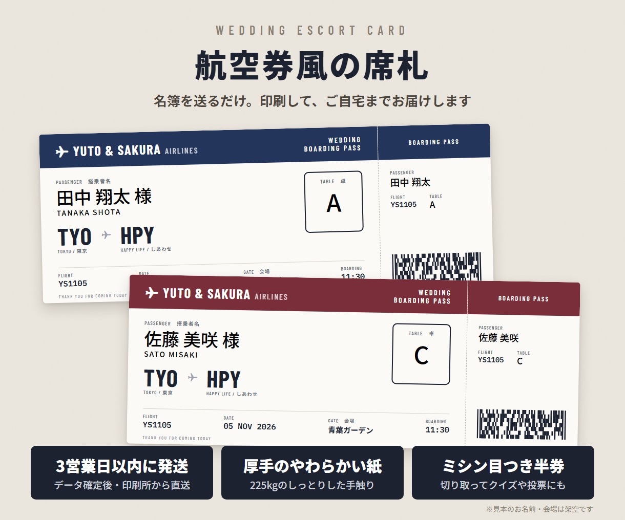 航空券風の席札を印刷してご自宅に届けます 名簿を送るだけ｜漢字名入り・ミシン目つき イメージ1