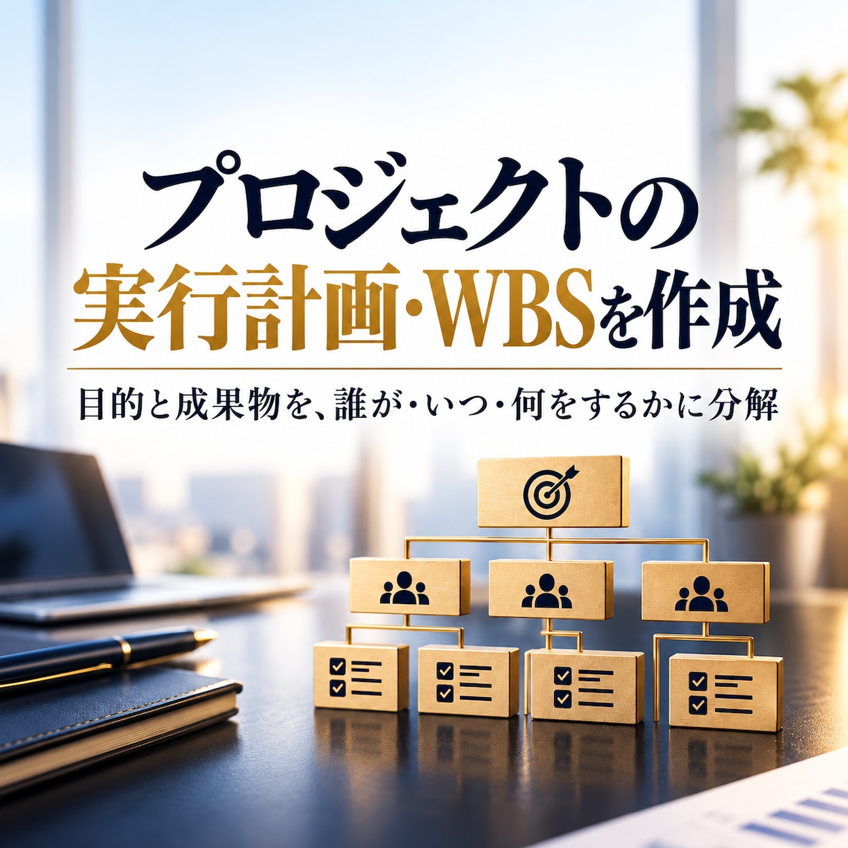 プロジェクトの実行計画とWBSを作成します 目的と成果物を、誰が・いつ・何をするかに分解 イメージ1