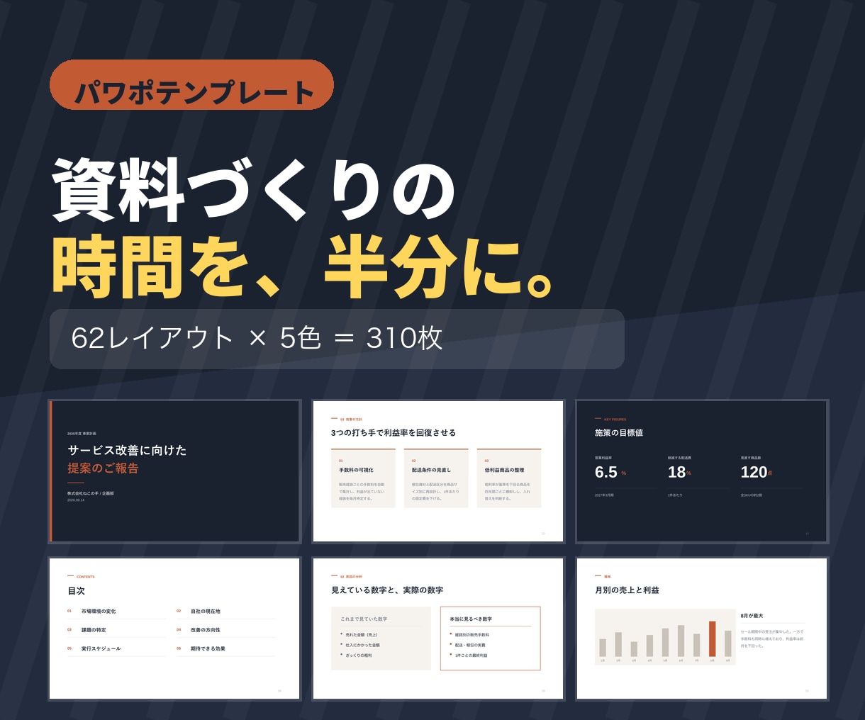 提案書・報告書のパワポテンプレートをお渡しします 62レイアウト×5色。文字を打ち替えるだけで資料が完成します イメージ1