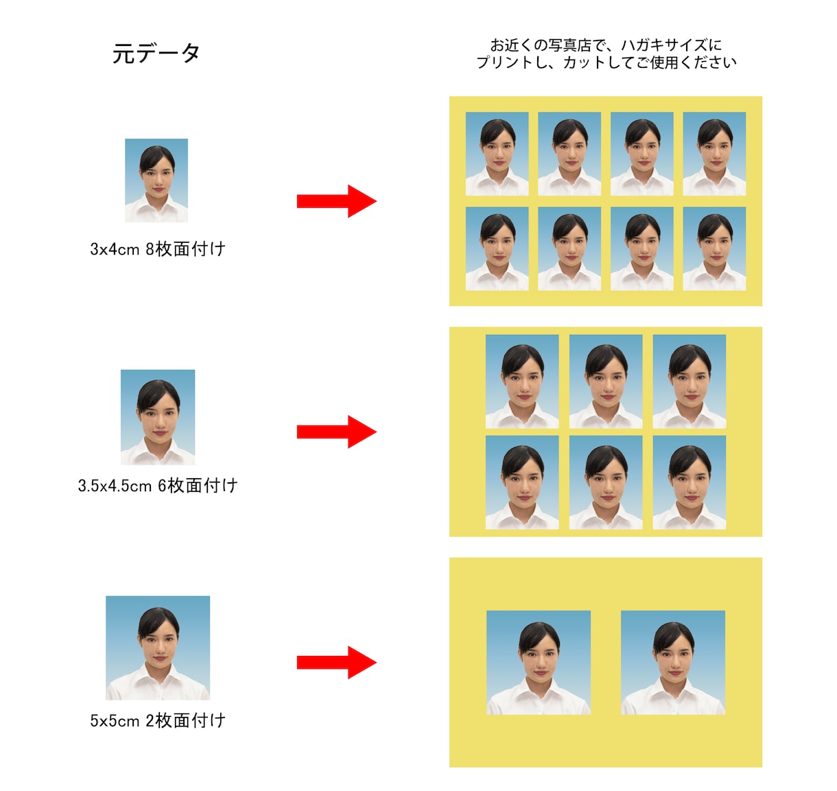 写真館で撮影したデータより証明写真を格安にします 履歴書用写真　面付けにより1枚あたり8～30円で仕上がります イメージ1