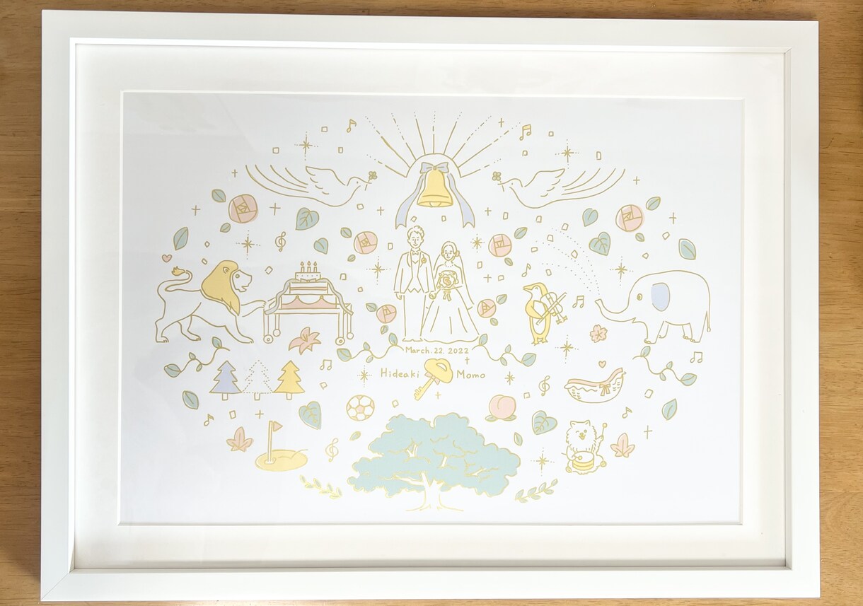 ずっと飾れる金のウェルカムボードを制作します ２人の似顔絵と好きなものを輝く金のラインで描きます。 イメージ9