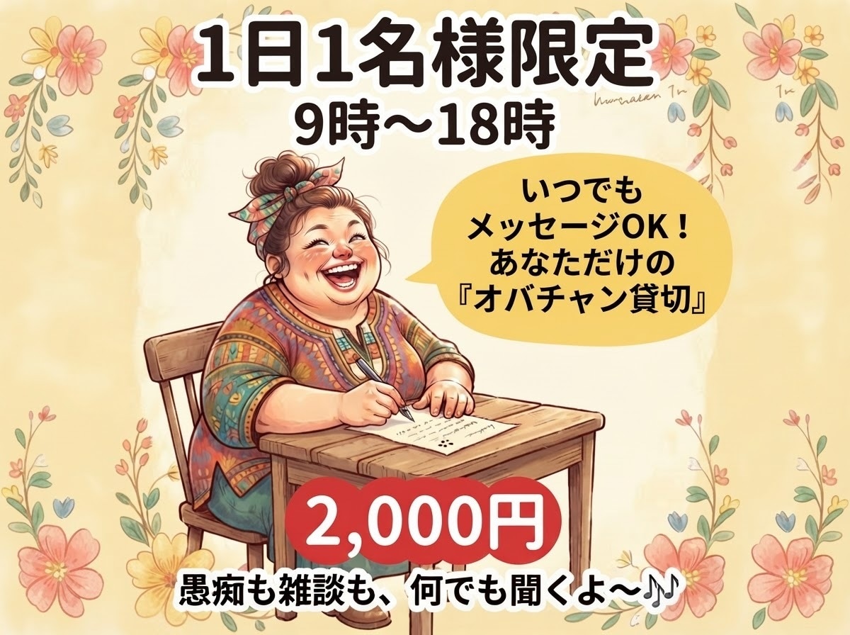 1日1名様限定！オバチャンがお話し相手になります 雑談でも何でも大歓迎！お友達感覚で気軽にメッセージしてね♡ イメージ1