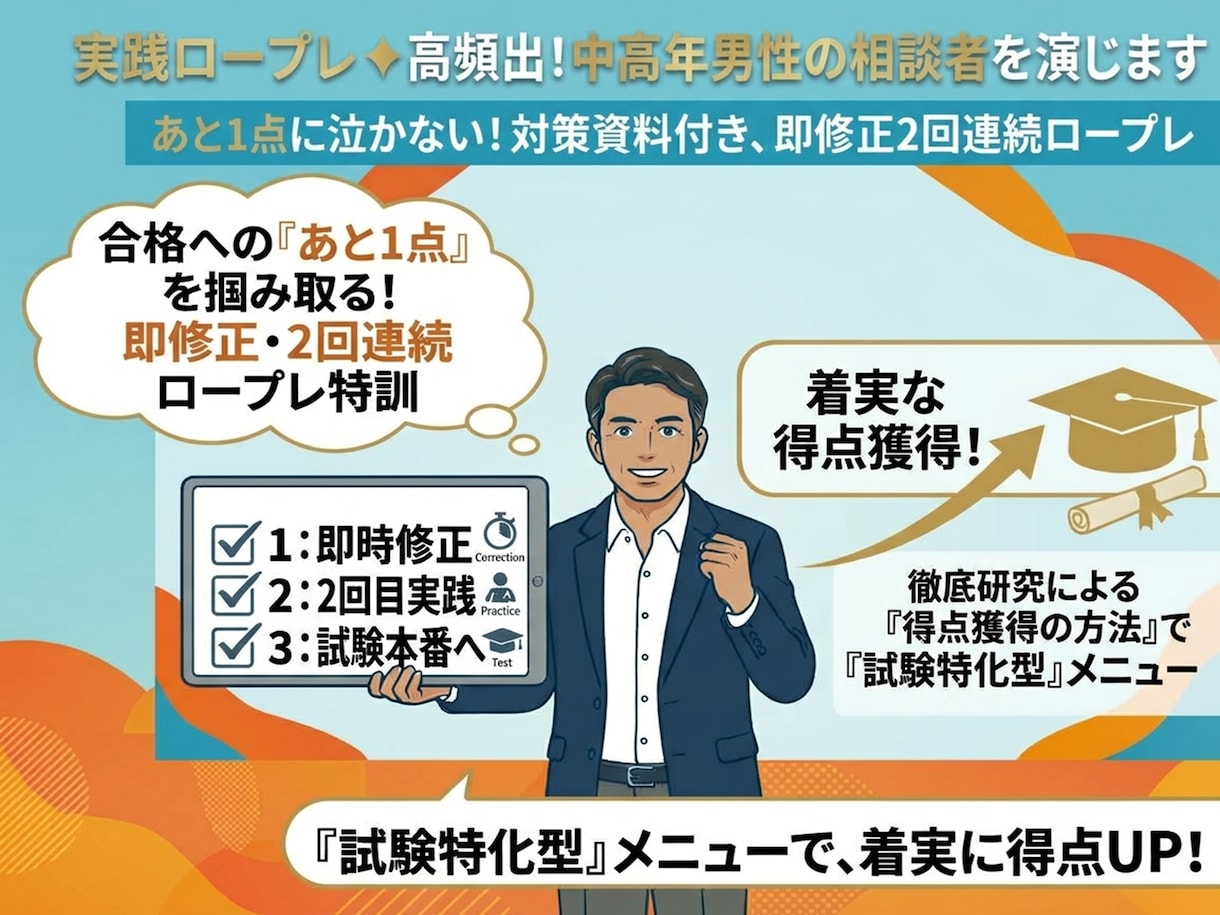 実践ロープレ✦高頻出!中高年男性の相談者を演じます あと1点に泣かない！対策資料付き、即修正2回連続ロープレ イメージ1