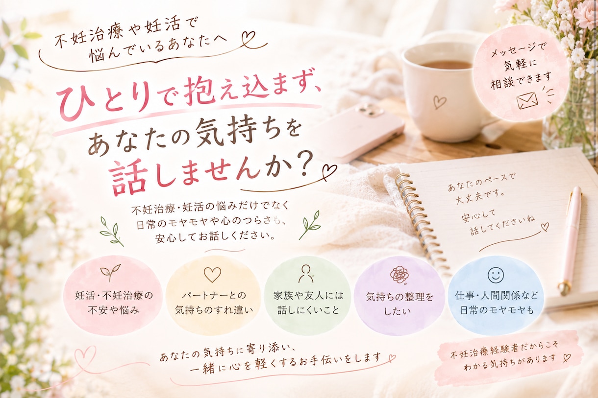妊活や不妊治療のお悩みをメッセージで聞きますます 誰にも言えない不安や本音を安心して話しませんか イメージ1