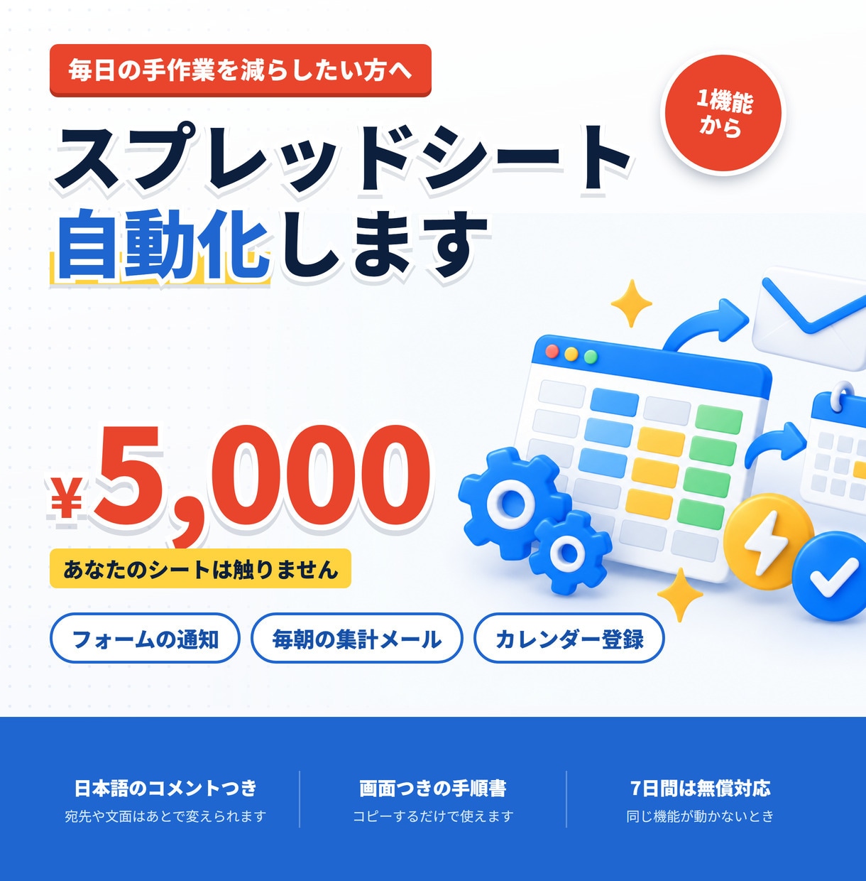 スプレッドシートの作業をGASで自動化します フォーム集計や通知メールを、1機能5,000円で イメージ1