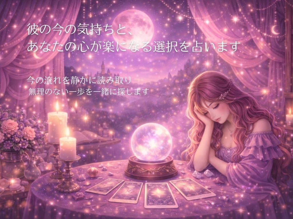 彼の今の気持ちとあなたの心が楽になる選択を占います 今の流れを静かに読み取り、 無理のない一歩を一緒に探します。 イメージ1