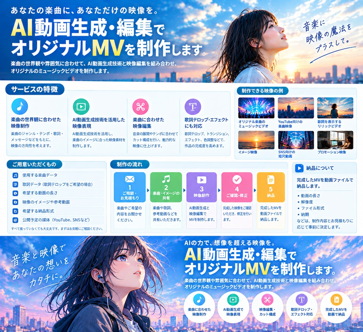 AI動画生成・編集でオリジナルMVを制作します あなたの楽曲に、あなただけの映像を。 イメージ1