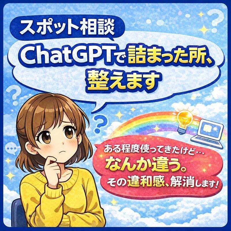 スポット相談ChatGPTで詰まった所、解消します ある程度使ってきたけど…なんか違う。それ、解消します。 イメージ1