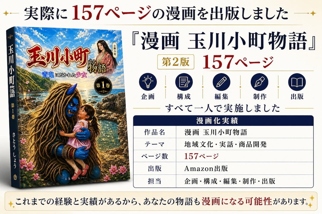 人生や創業物語の漫画化診断をします 157ページ漫画出版実績。漫画になる物語を発掘します イメージ3