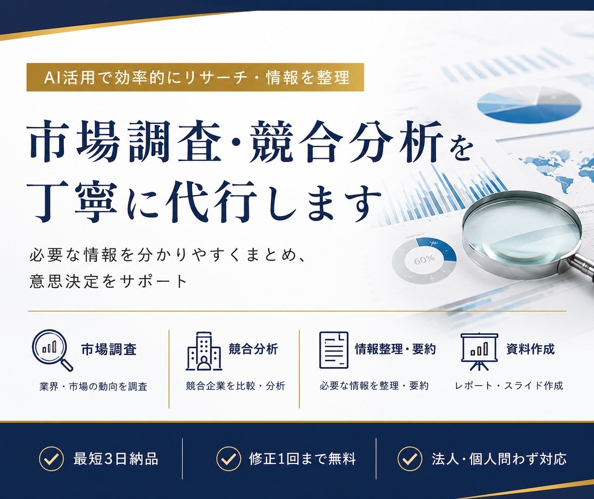 市場調査・分析を丁寧に代行し、資料作成まで行います 伝わるリサーチ資料をスピーディーに作成します イメージ1