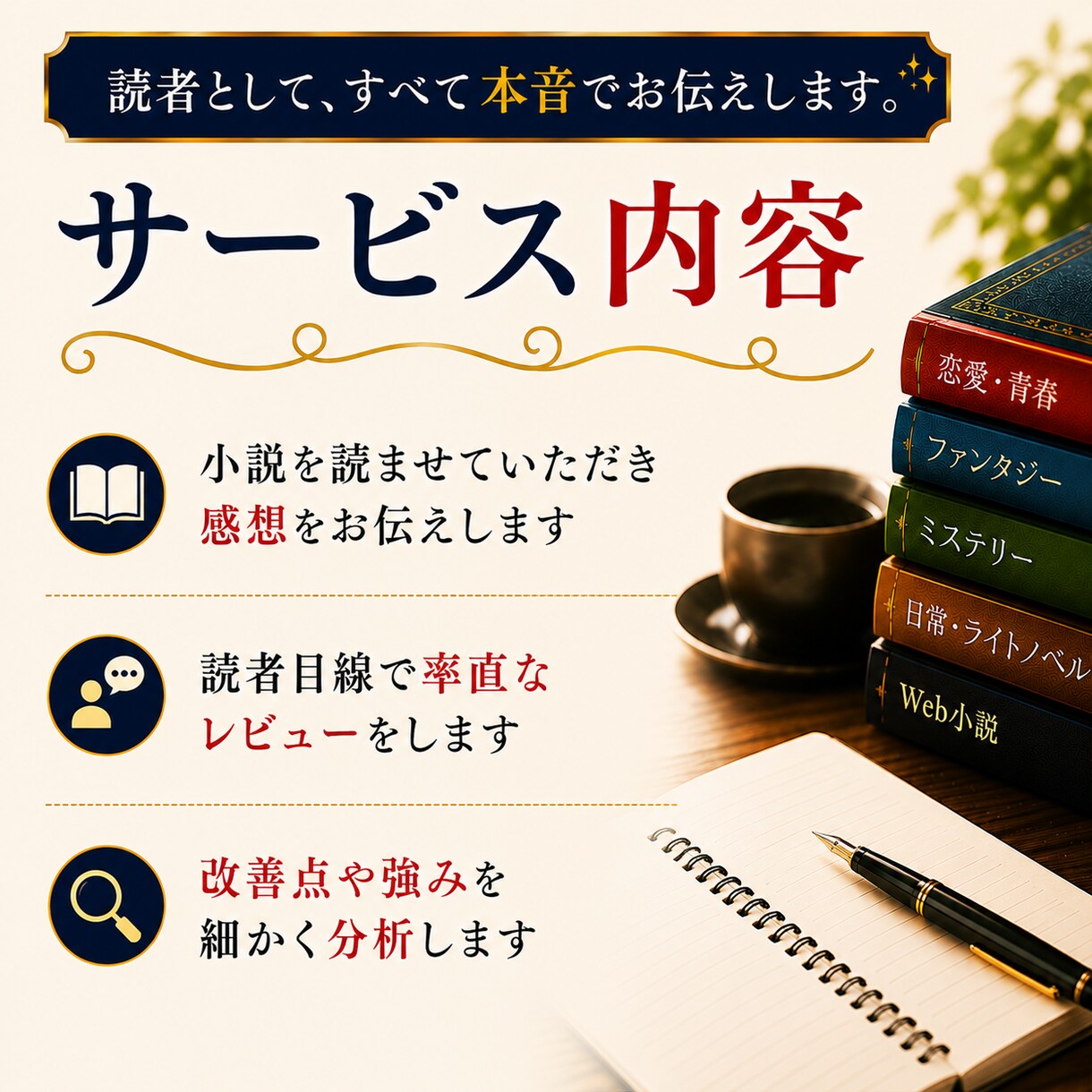 小説添削｜作品の魅力と改善点をお伝えします 読者目線で改善点を率直かつ細かくわかりやすく伝えます！ イメージ5