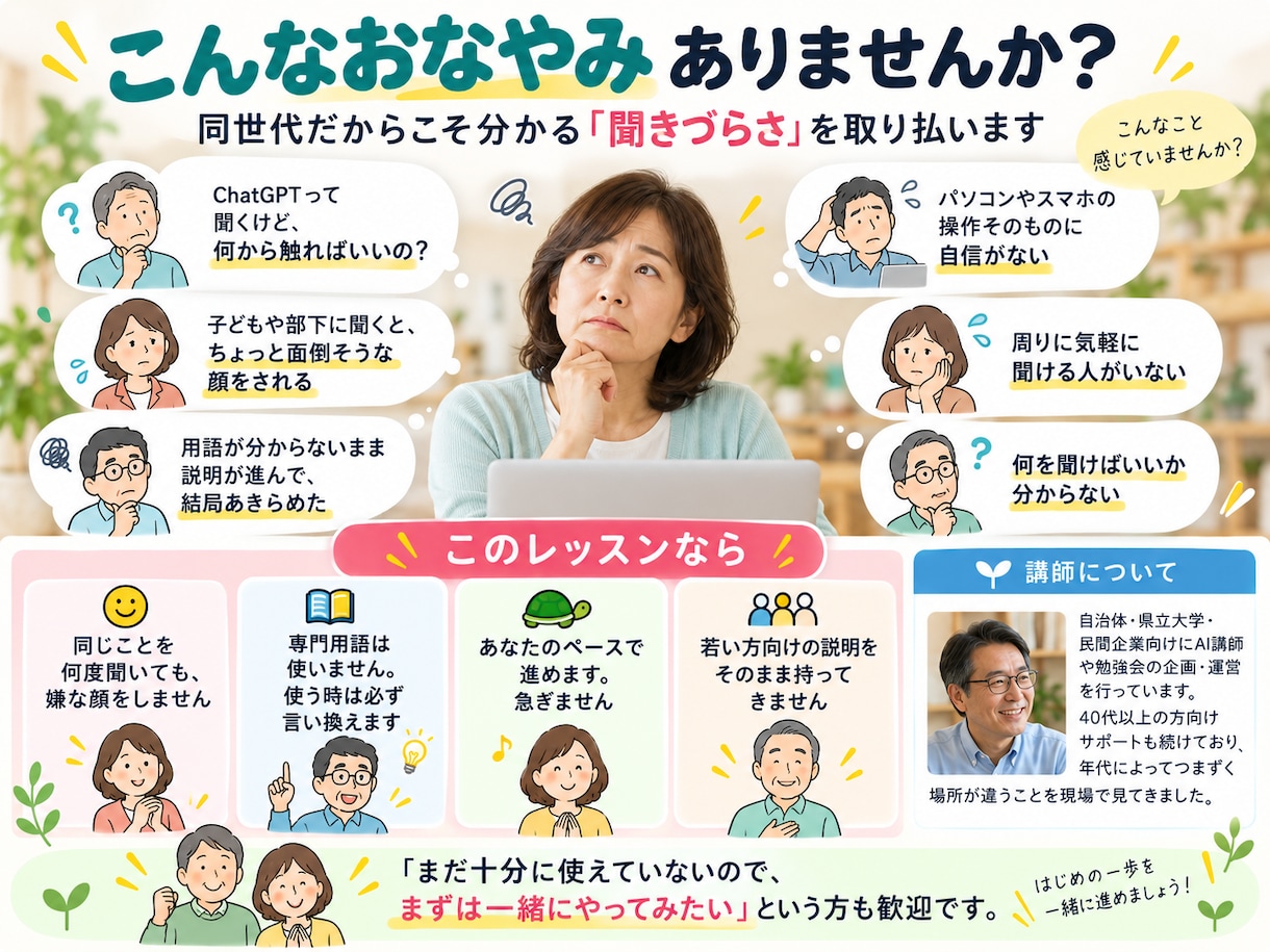 40代からのAI、同世代がゆっくりお手伝いします 何度聞いても大丈夫。専門用語なし・60分で資料が1つ完成 イメージ1