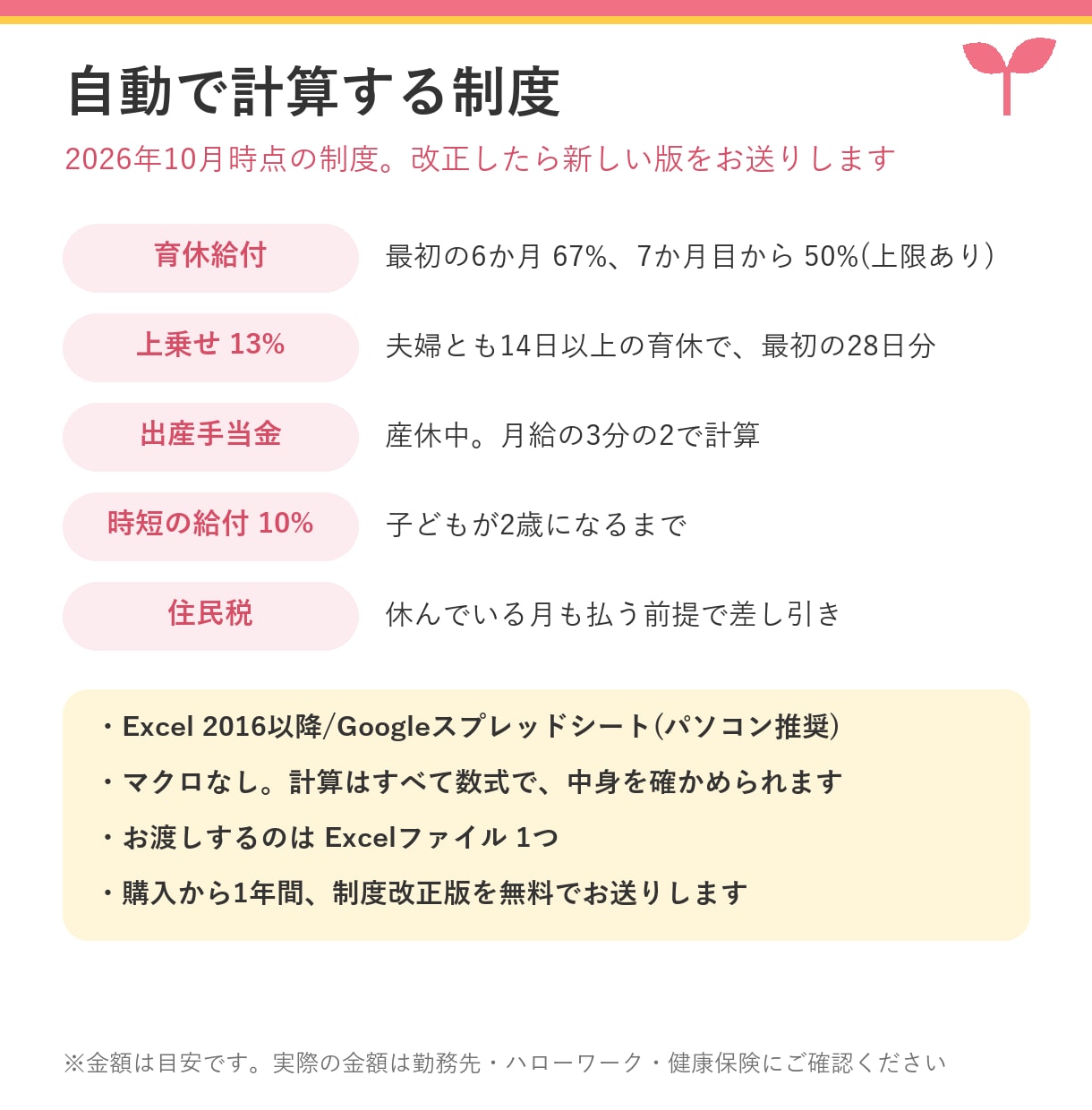 育休・時短の毎月の手取りがわかる表をお渡しします 夫婦の育休・時短で、毎月いくら入るかがわかる イメージ5