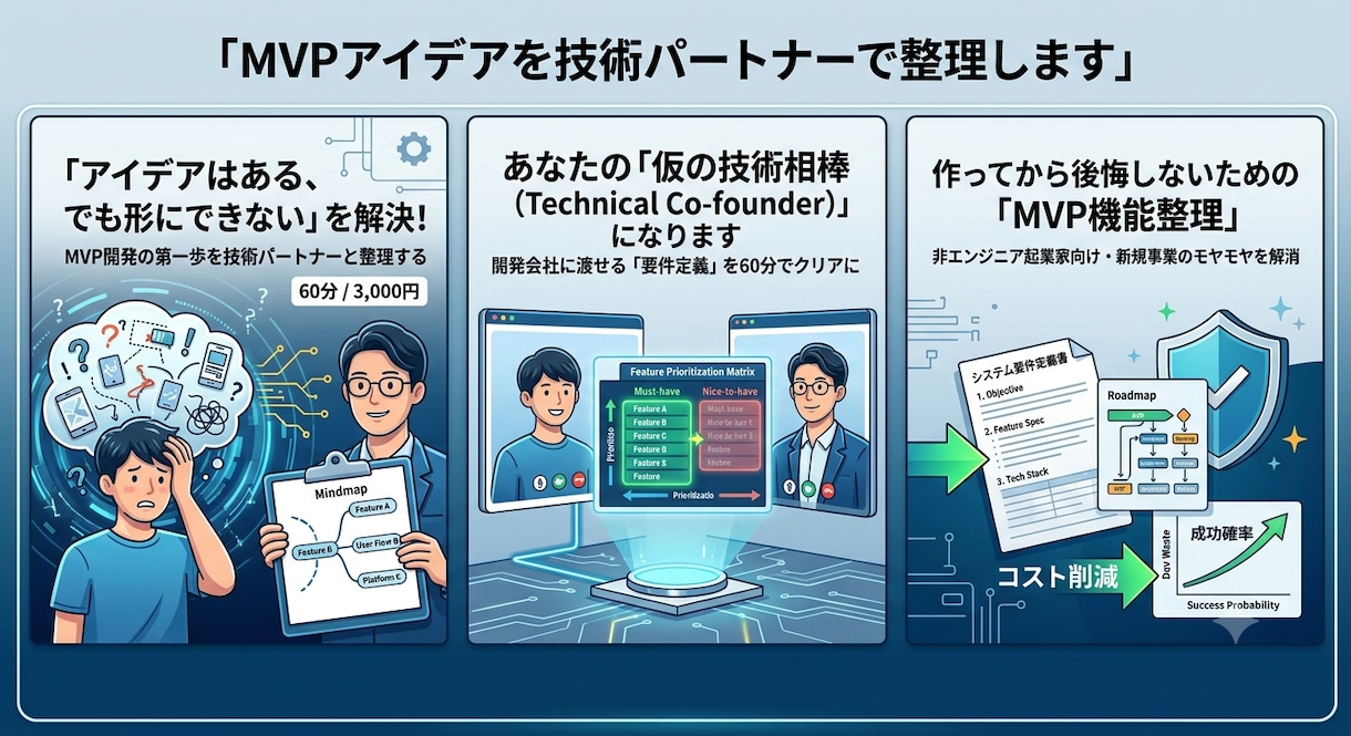 MVPアイデアを技術パートナーで整理します 機能も技術も、構想段階から一緒に整理します イメージ1