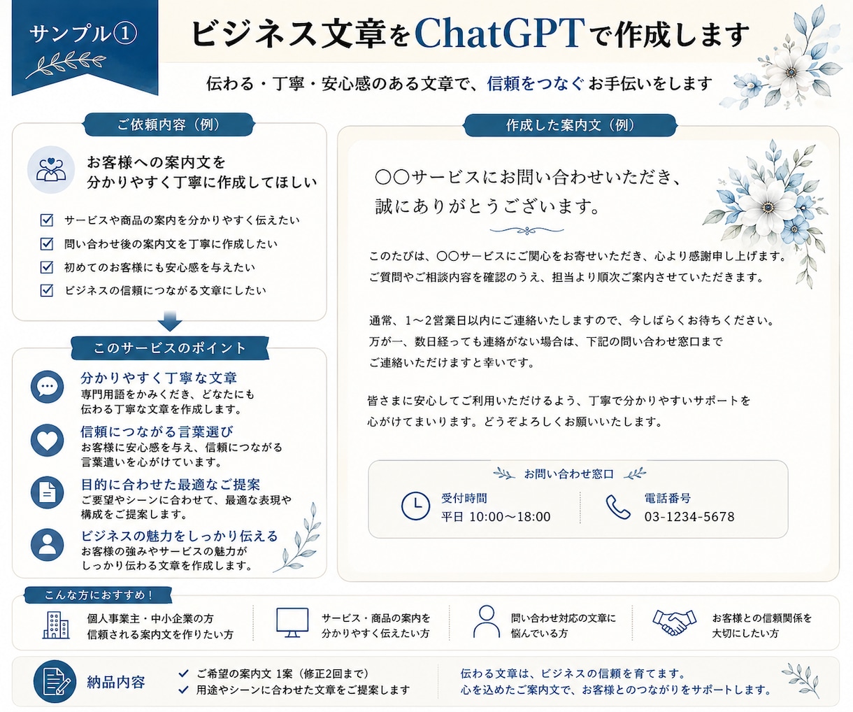 ビジネス文章をChatGPTで作成します お断りやお願いも、丁寧で伝わるビジネス文章に整えます イメージ2