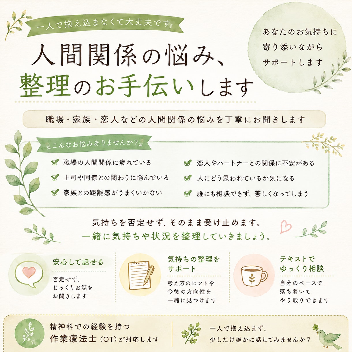 人間関係の悩み、整理のお手伝いします 職場・家族・恋人の悩みを丁寧にお聞きします イメージ1