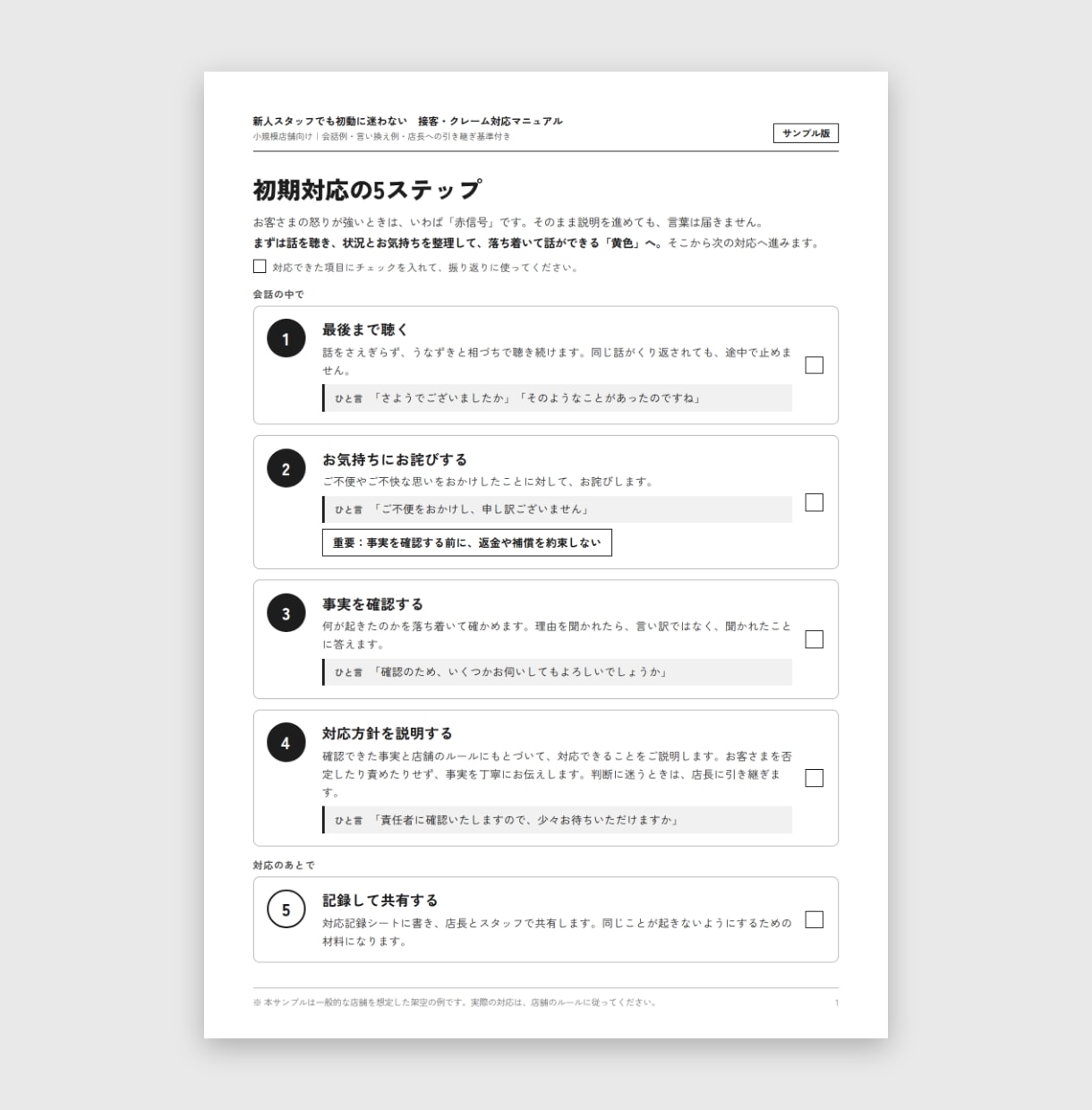 カスハラ・クレーム対応マニュアル作ります 赤信号を黄色に。「こうしよう」が書いてあります。 イメージ3