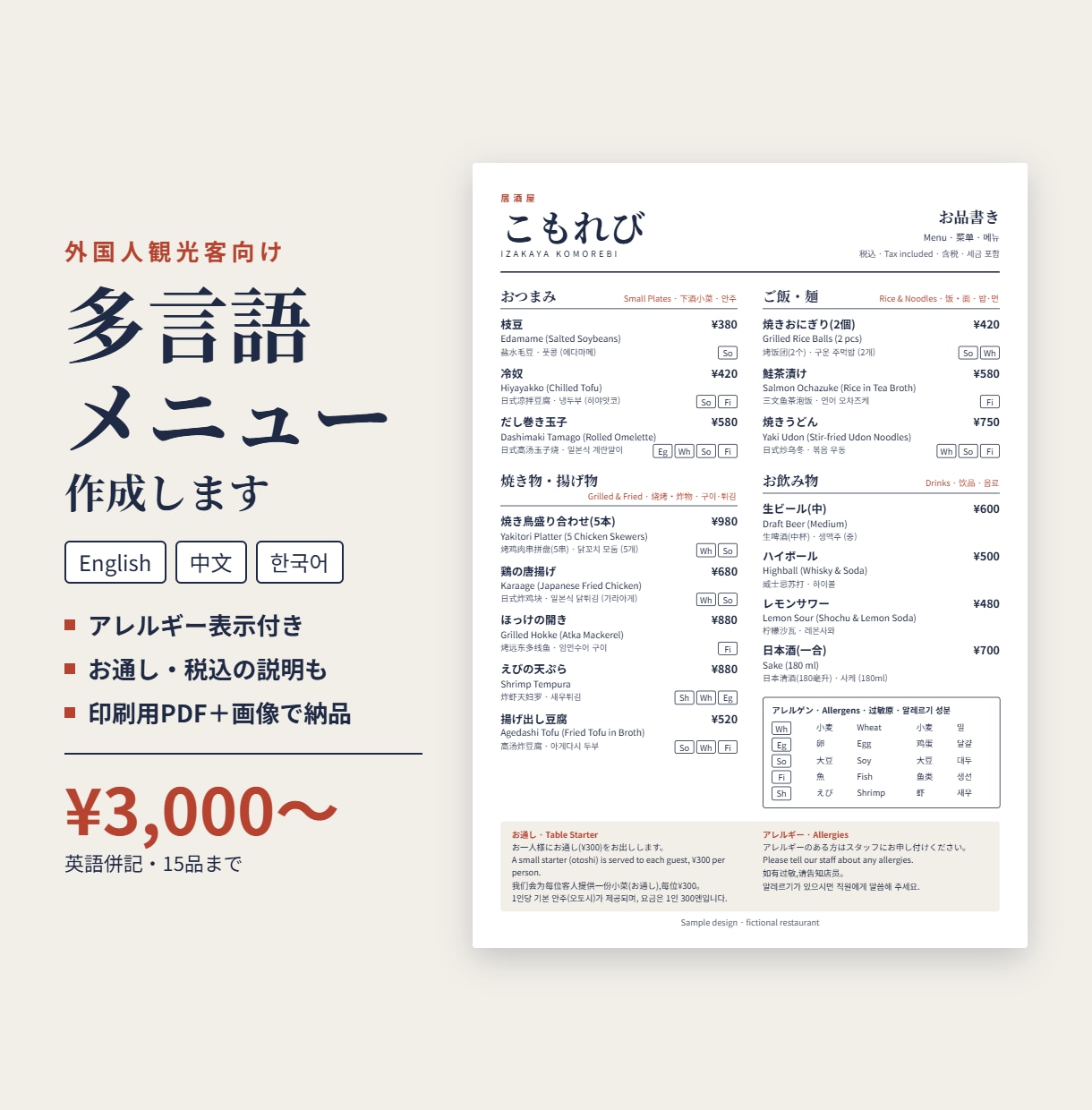外国人観光客向けの多言語メニューを作成します 英語・中国語・韓国語|アレルギー表示付き|印刷用PDF納品 イメージ1