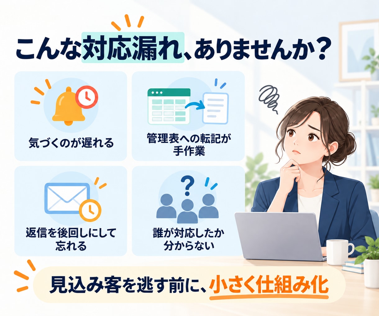 問い合わせ対応漏れを防ぐ仕組みを構築します 受付・自動返信・未対応通知まで、まとめて仕組み化します イメージ2