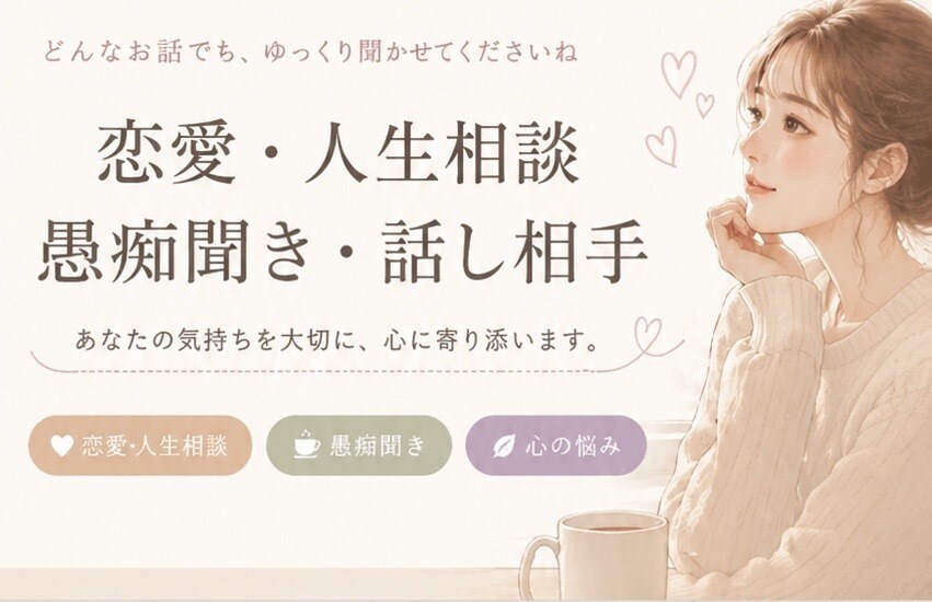 恋愛・人生・心のお悩みを優しくお聞きします 福祉施設勤務｜愚痴聞き・話し相手・人間関係のお悩みも歓迎です イメージ1
