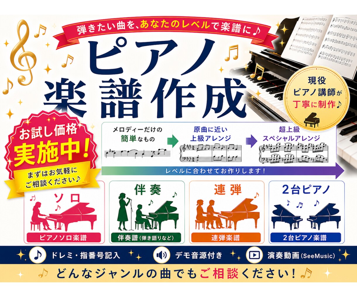 現役ピアノ講師が耳コピ楽譜を作成します 「この曲を弾きたい！」を形に。弾きやすい楽譜をお作りします♪ イメージ1