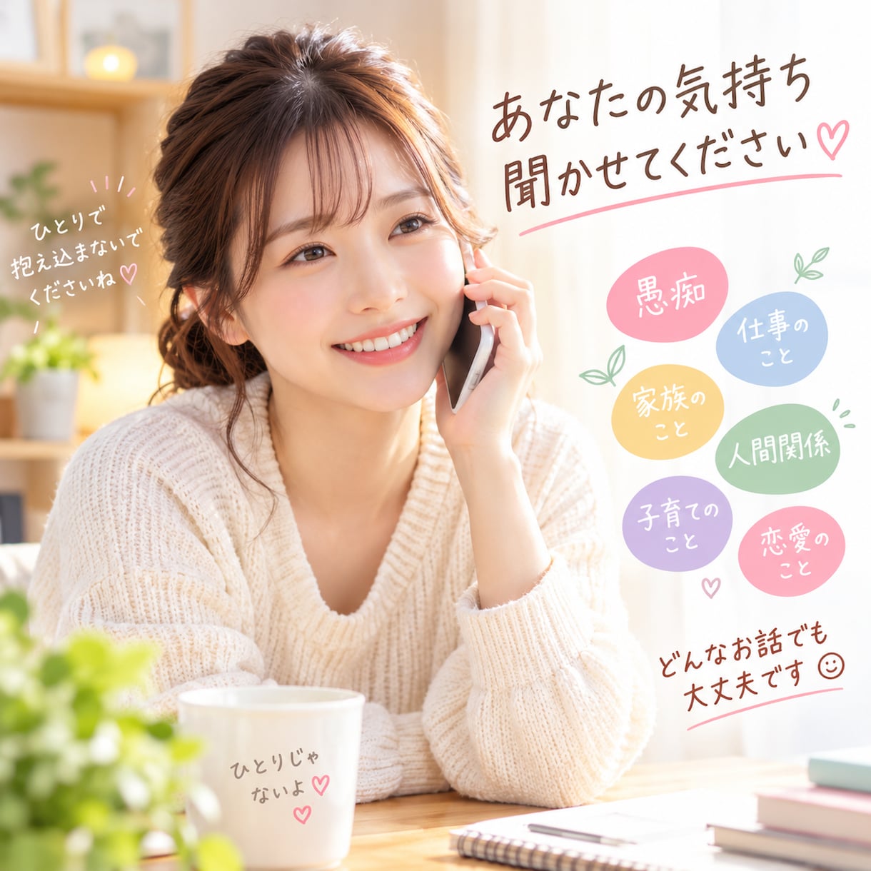 モヤモヤも愚痴も否定せずじっくり聞きます ただ聞いてほしいだけでも大丈夫。ゆっくりお話ししましょうね イメージ1