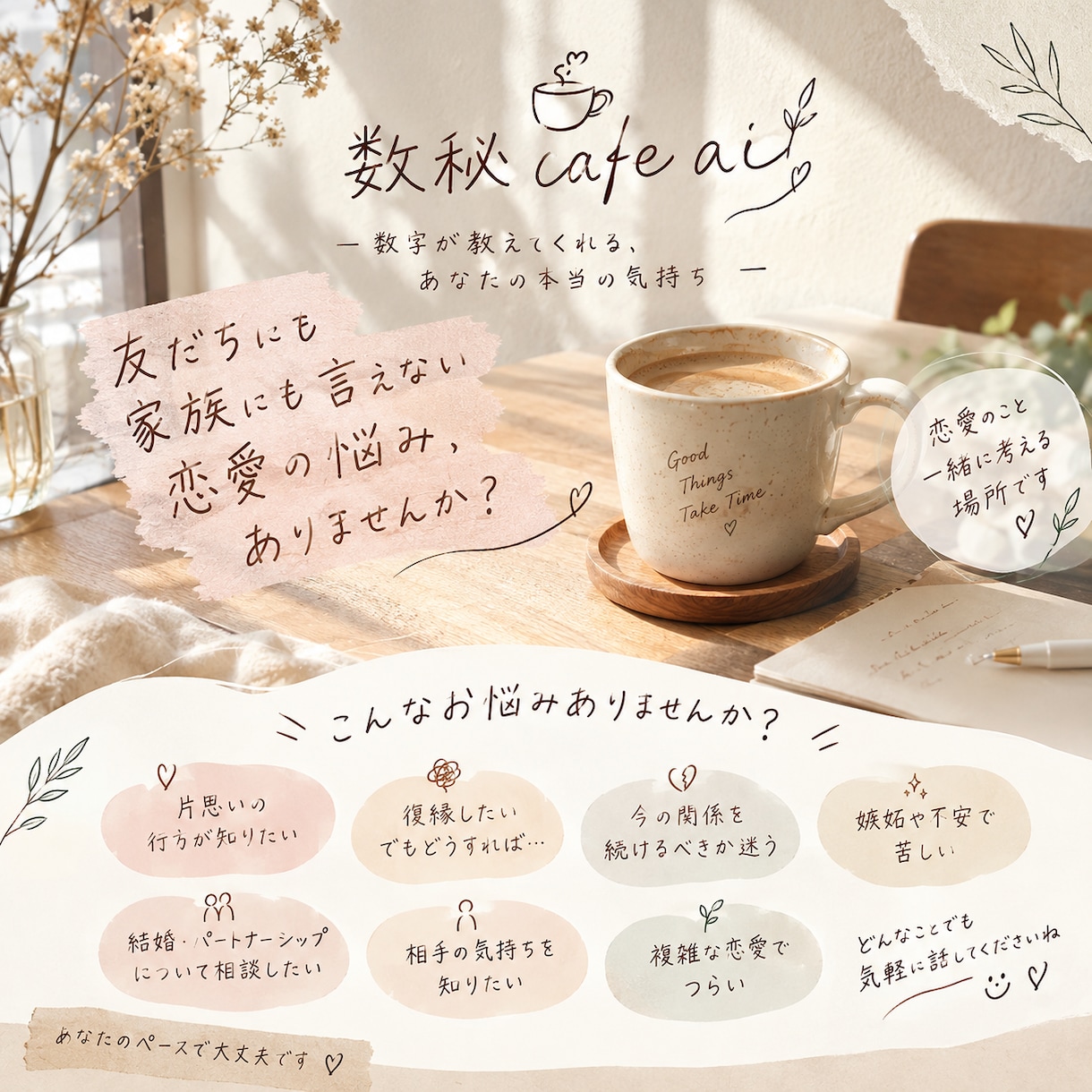 いま誰にも言えない恋愛の悩みチャットで聞きます 恋愛のモヤモヤを、数秘をヒントに一緒に整理しませんか？☕️ イメージ1