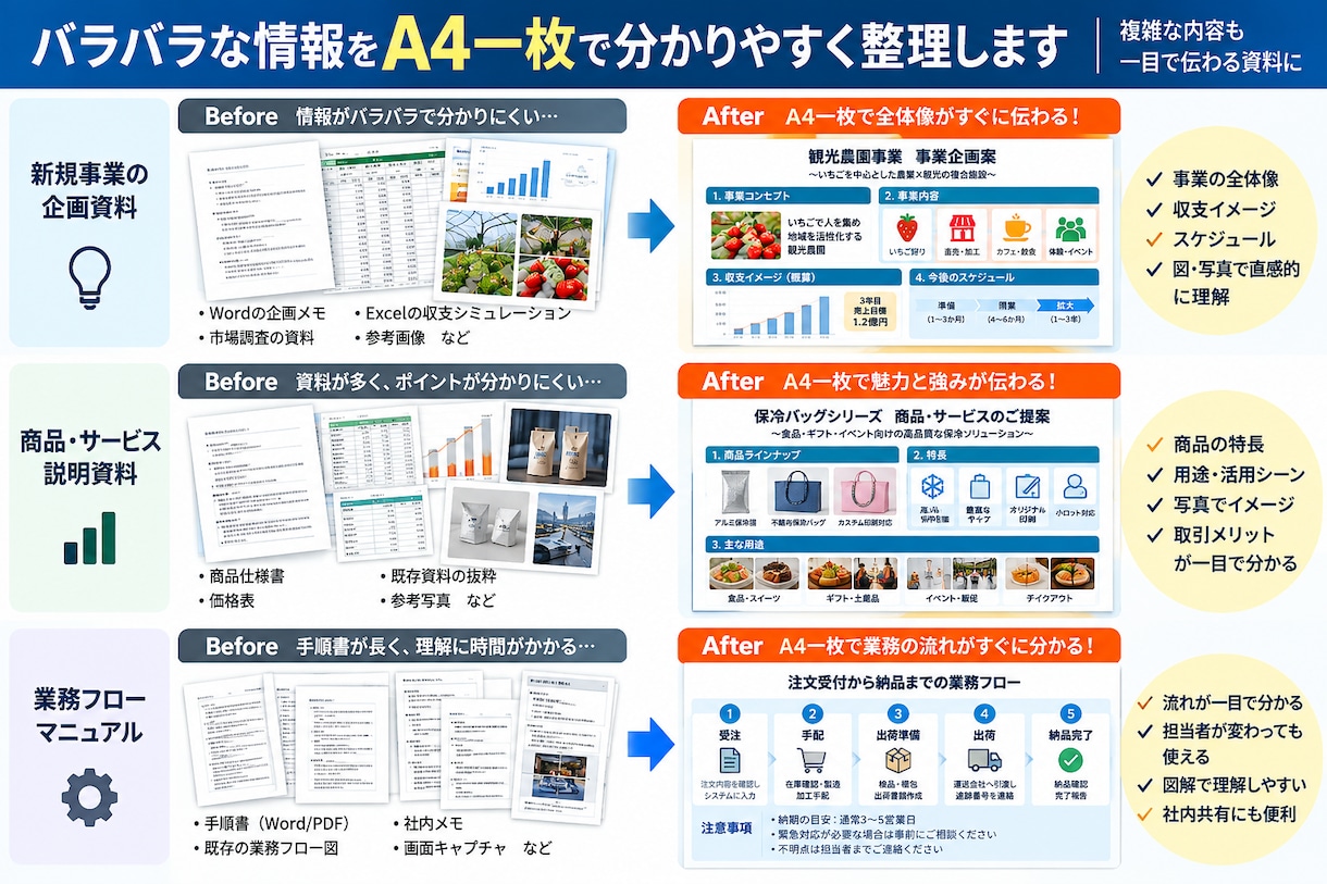 複雑な情報をA4一枚に整理します 情報整理・構成・図解で、一目で分かる資料に仕上げます イメージ2