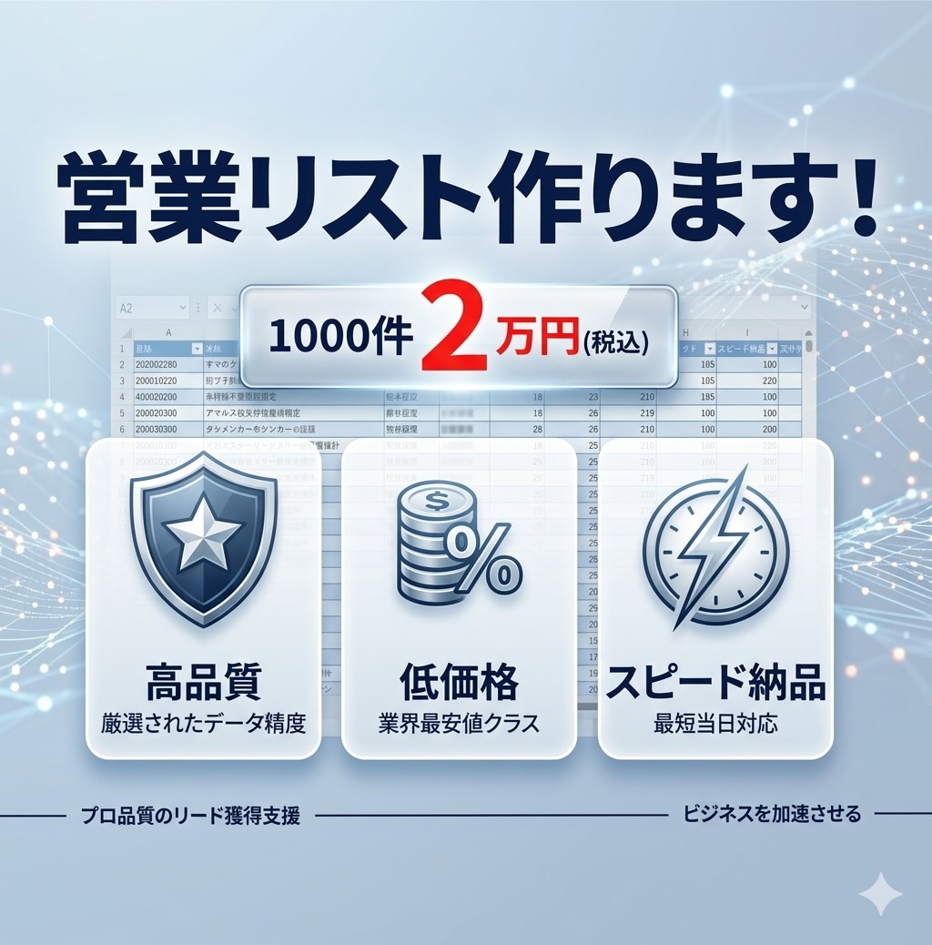 営業リスト作成を代行いたします 今すぐ使える営業リストを、目的に合わせて作成いたします。 イメージ1