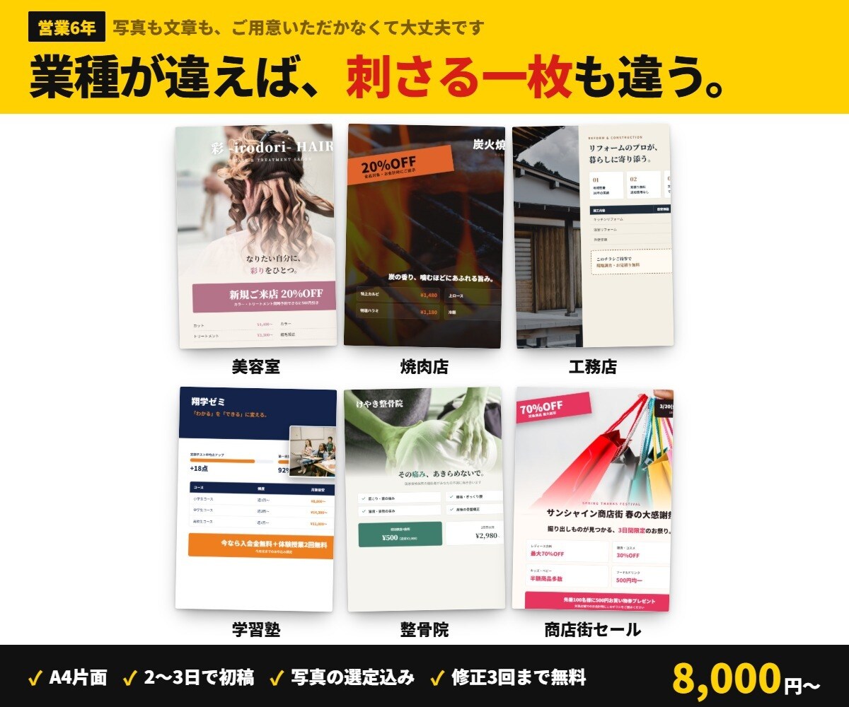 配って終わりにしないチラシを作ります 業種と配る場所に合わせて、反応の出る一枚を設計します イメージ1
